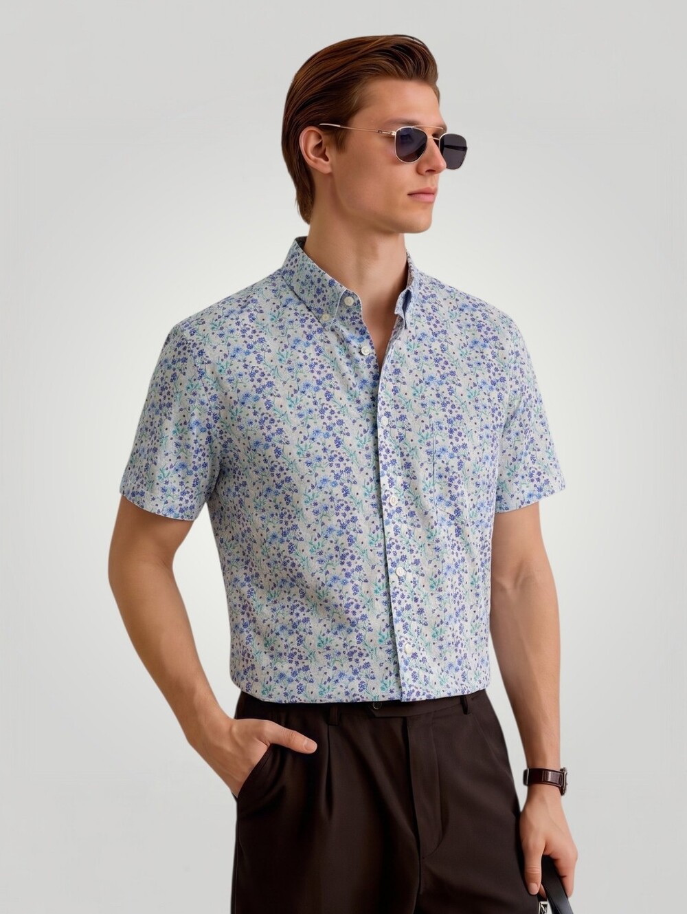 J.Crew Factory Mens XL Blue Floral Ditsy Print Short Sleeve Flex Washed Shirt‎